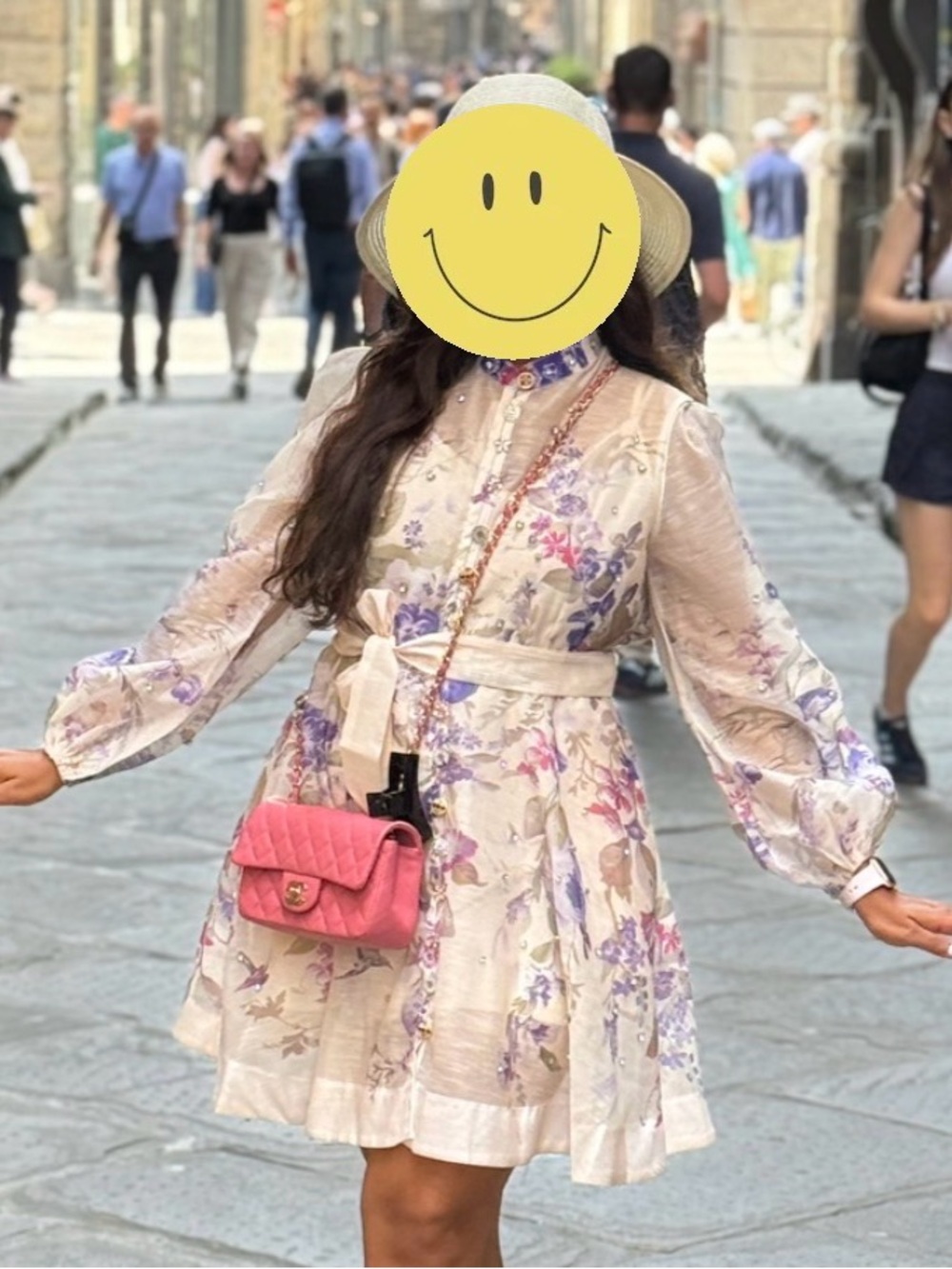 Floral Long-Sleeve Belted Mini Dress with Pink Quilted Crossbody